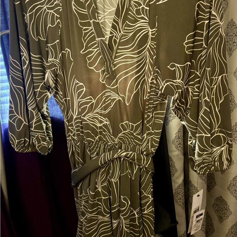 Calvin Klein Olive Green Floral Wrap Midi Dress